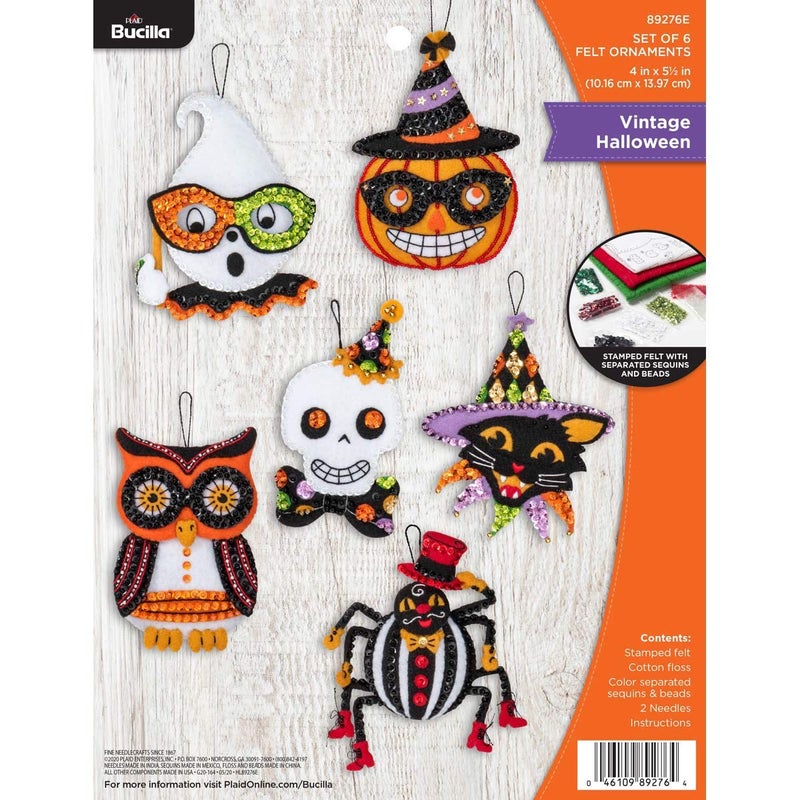 Bucilla 89276E Felt Applique Ornament Kit, Vintage Halloween, Set of 6 - Image 1